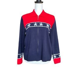 Karen Lessly Sweater Cardigan Women’s Large Full Zip Red Blue Patriotic America